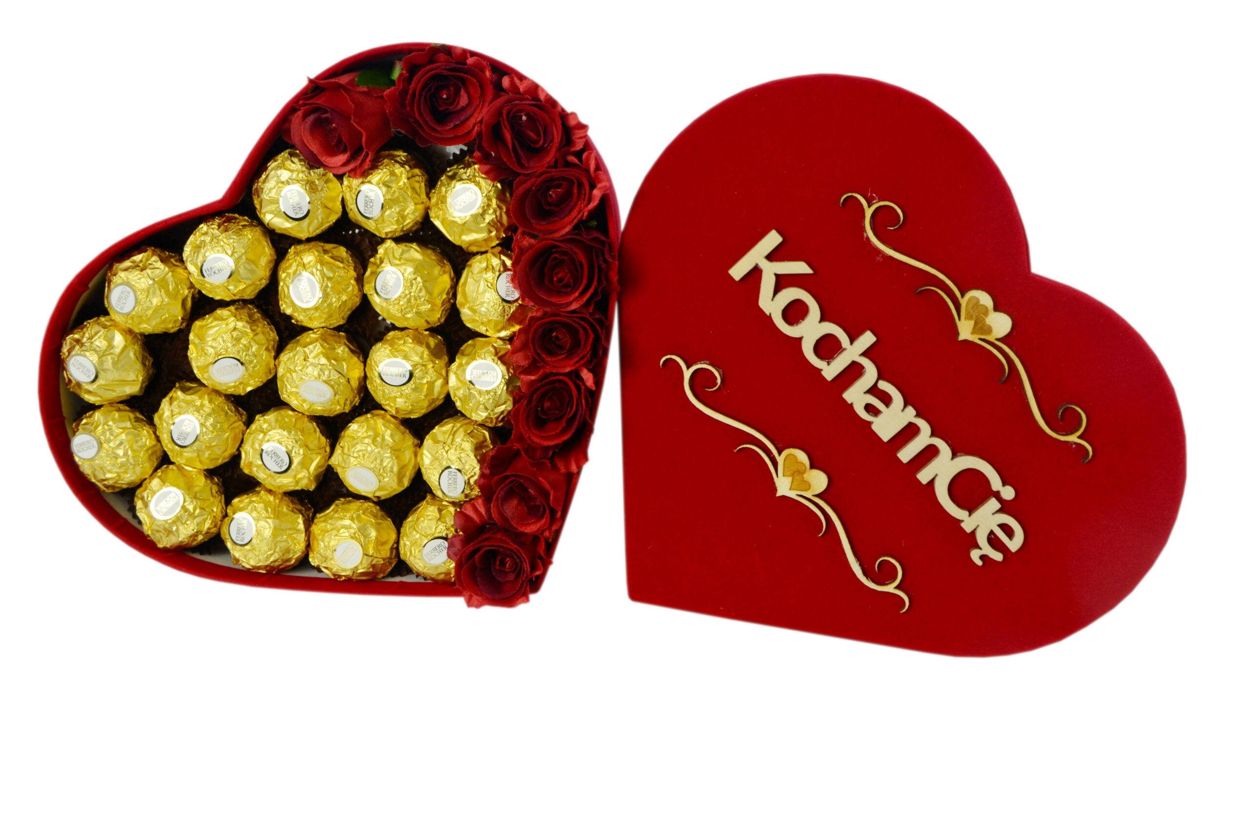 Welurowe serce zestaw słodyczy Raffaello 230g + Ferrero 300g