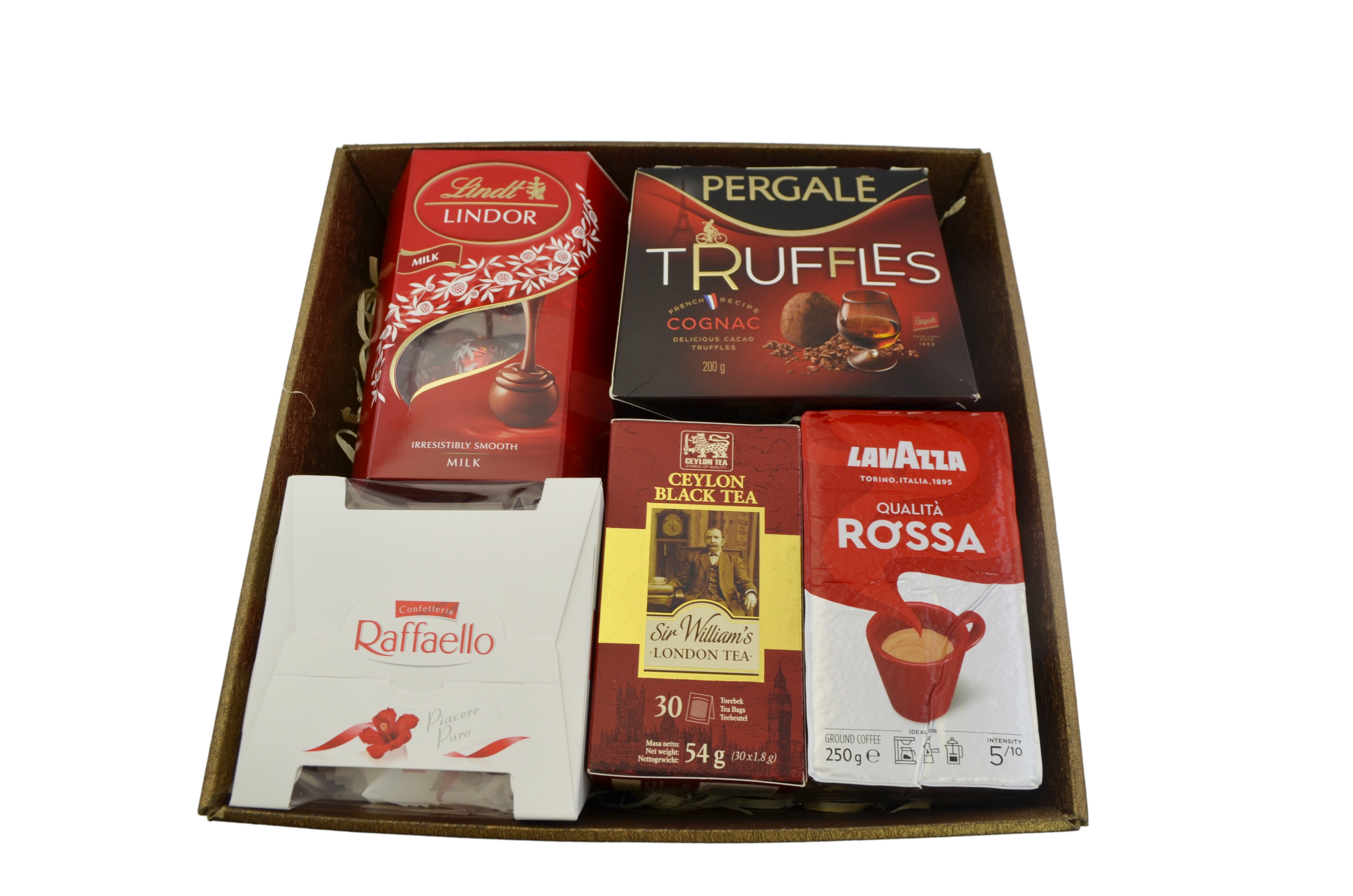 Kosz prezentowy okazjonalny zestaw podarunkowy z kawą i herbatą