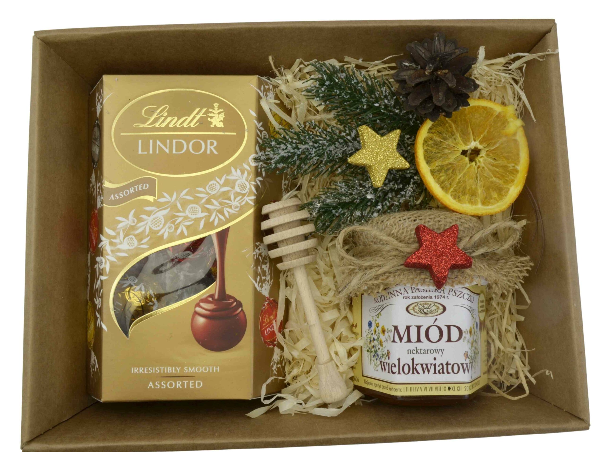 Kosz prezentowy na Święta Lindt miód Mikołaj box