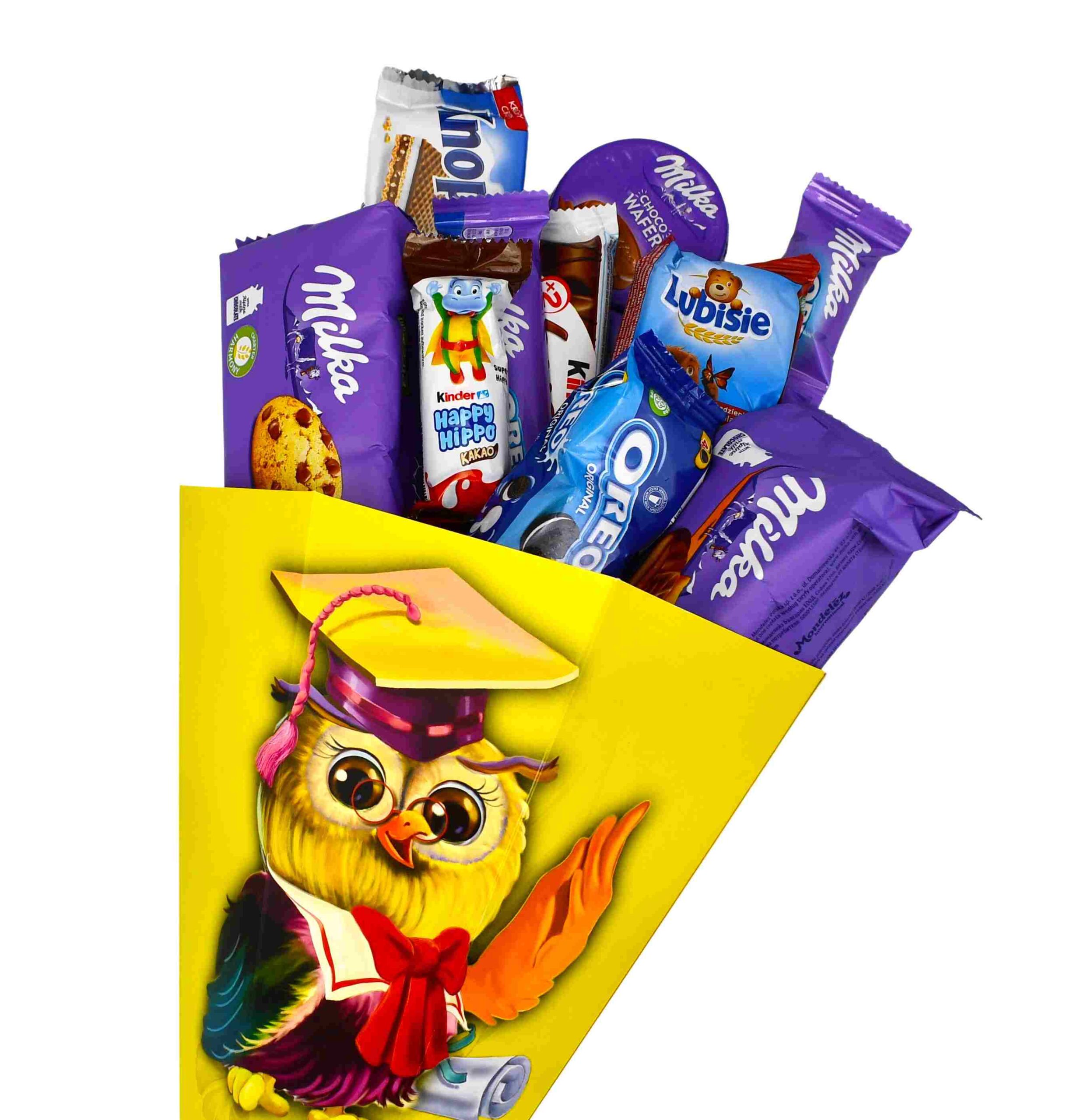 Tyta Pierwszoklasisty zestaw słodyczy Milka róg obfitości 32 cm