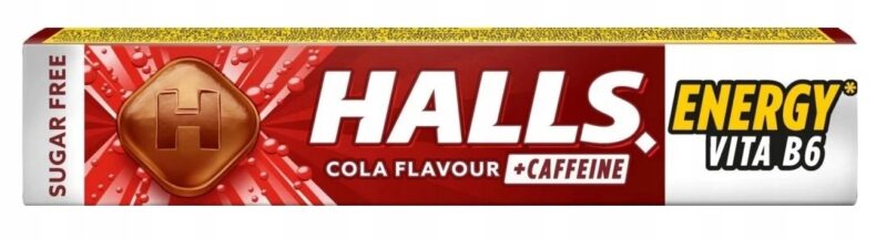 Halls Energy bez cukru Cukierki o smaku Coli Z Kofeiną Cola Bezcukrowe 32g
