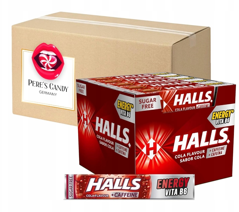 Halls Energy bez cukru Cukierki o smaku Coli Z Kofeiną Cola Bezcukrowe 32g