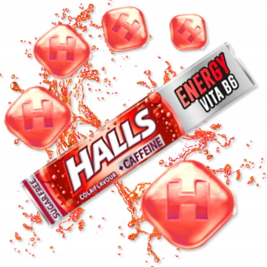 Halls Energy bez cukru Cukierki o smaku Coli Z Kofeiną Cola Bezcukrowe 32g