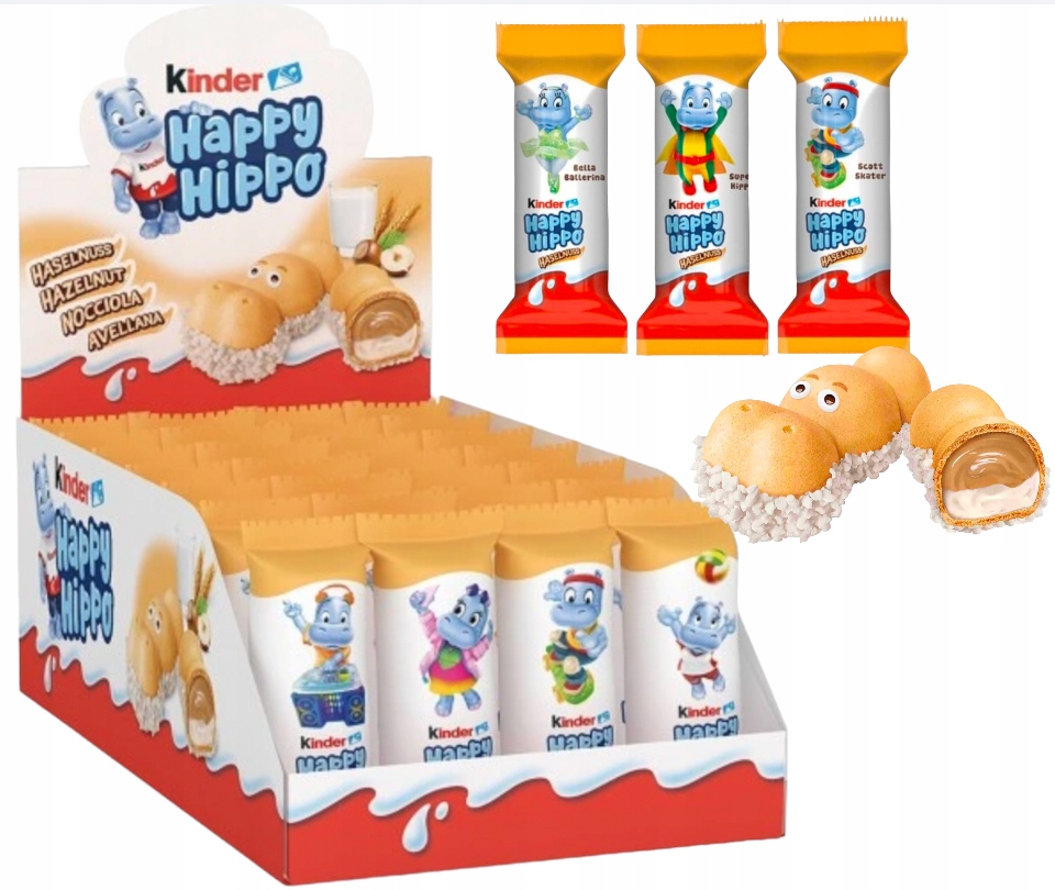 Batoniki Kinder Happy Hippo orzechowe 28 szt hipcie wafelek białe orzechowe