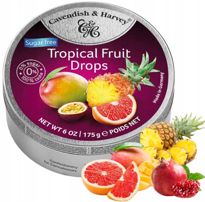 Cukierki Bez Cukru Dropsy Tropical Fruit Drops Cavendish & Harvey 175g w puszce