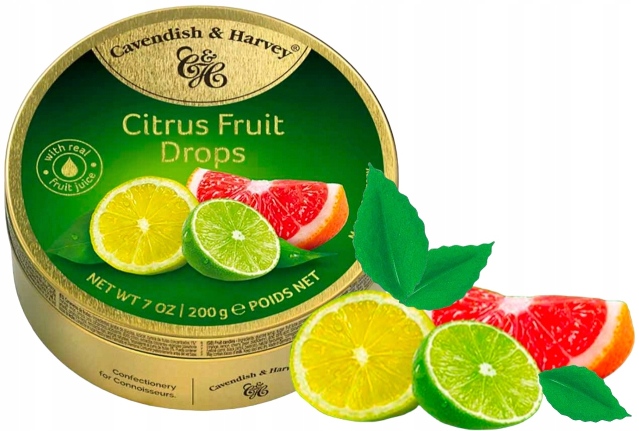 Cukierki Cavendish Harvey Citrus Fruit Drops Landrynki Cytrusowe 200g DE w puszce