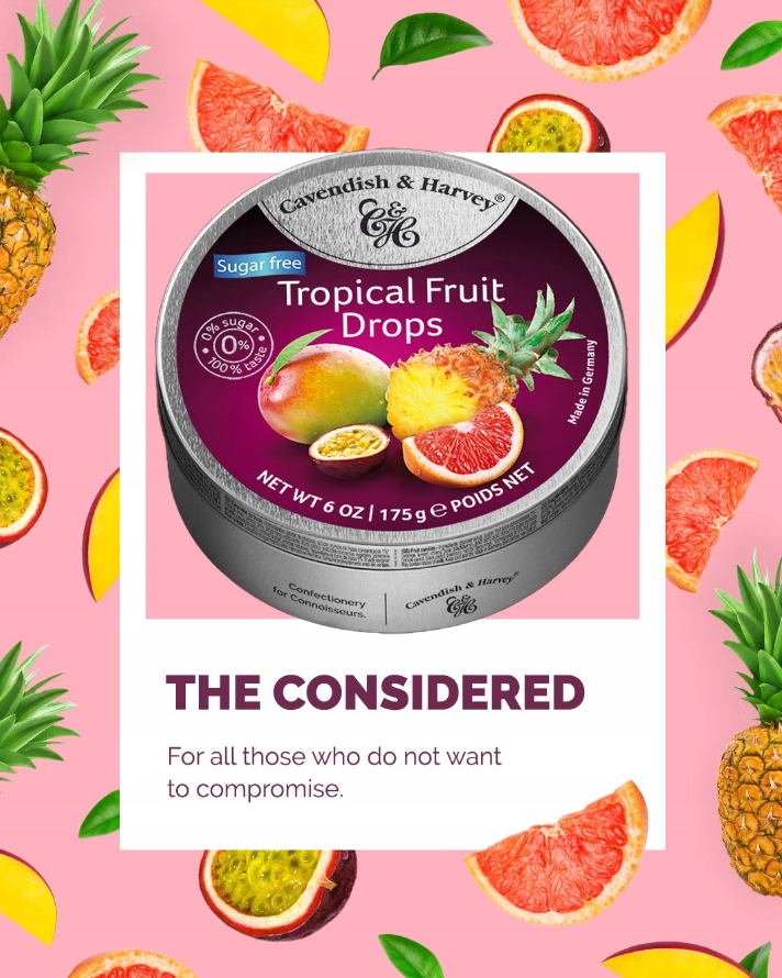 Cukierki Bez Cukru Dropsy Tropical Fruit Drops Cavendish & Harvey 175g w puszce