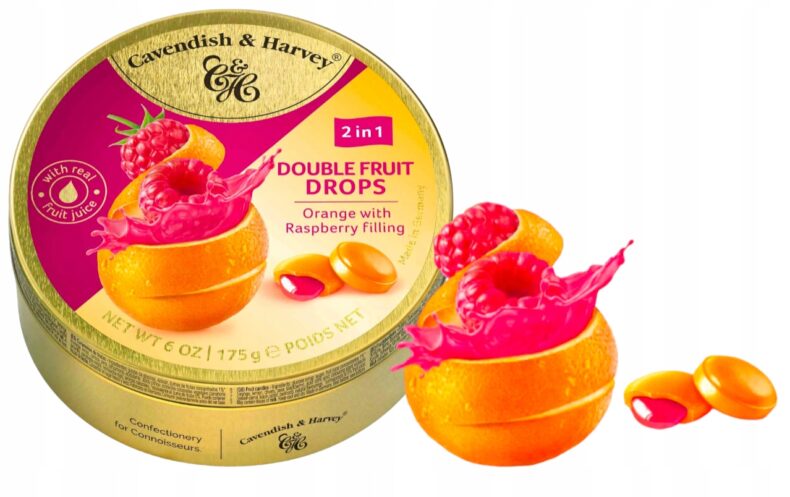 Cukierki Cavendish Drops double Malina Pomarańcza Landrynki Nadziewane 175g DE