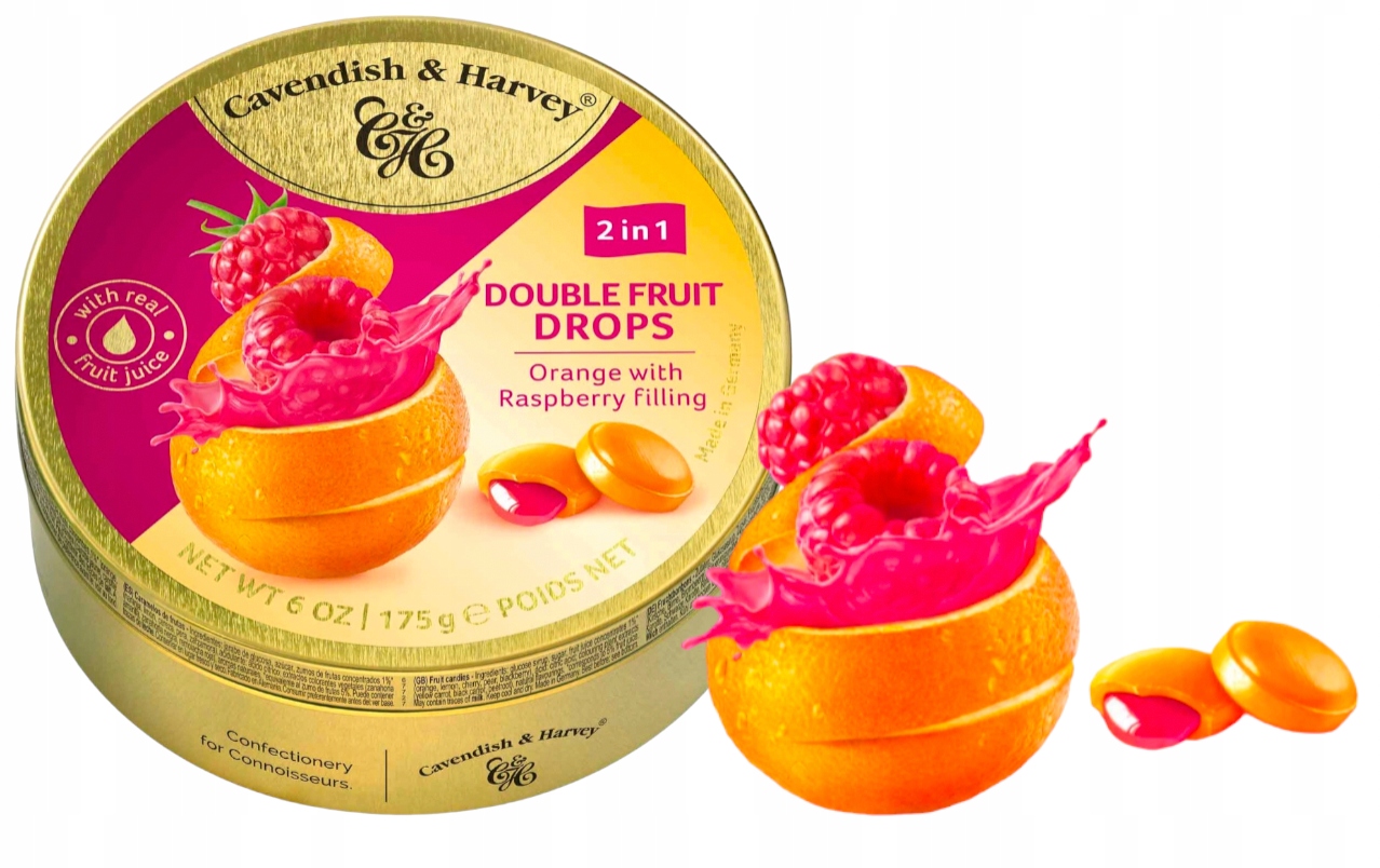 Cukierki Cavendish Drops double Malina Pomarańcza Landrynki Nadziewane 175g DE