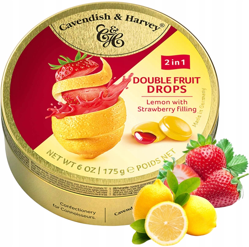 Cukierki Cavendish Drops Cytryna Truskawka Landrynki Nadziewane 175g DE