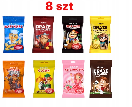 Skawa Draże Kokosowe Śmietankowe korsarz księżniczki BANANOWE 8 x70g dzieci