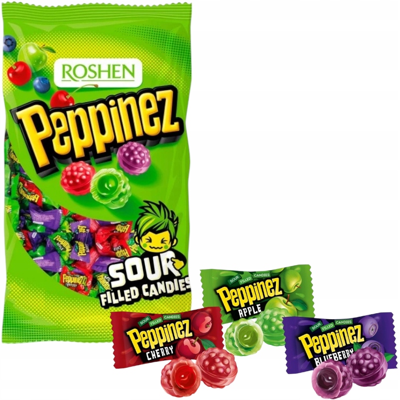 Peppinez roshen Cukierki Kwaśne Nadziewane Landrynki Owocowe Smaków 1KG ŚWIĘTA