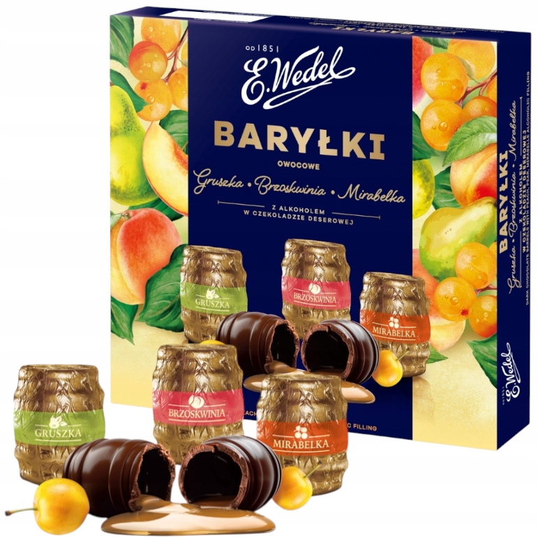 E.Wedel Baryłki Owocowe Gruszka Z Alkoholem W Czekoladzie Deserowa Mix 200g bombonierka prezent święta