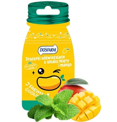 Dosfarm Drażetki Odświeżające Owocowe bez cukru mango Cukierki 16g diabetyków cukrzyków