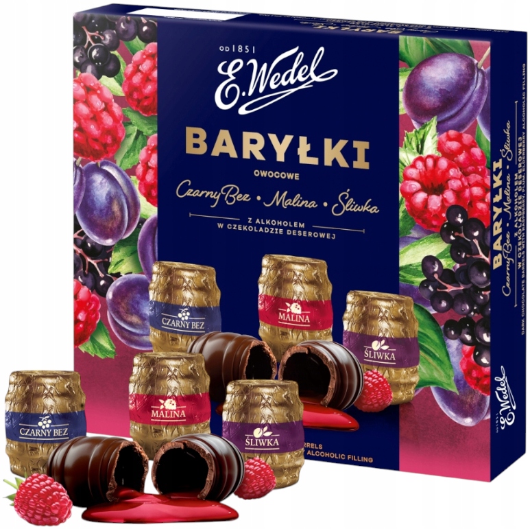 E.Wedel Baryłki Owocowe Malina Z Alkoholem W Czekoladzie Deserowej Mix 200g bombonierka