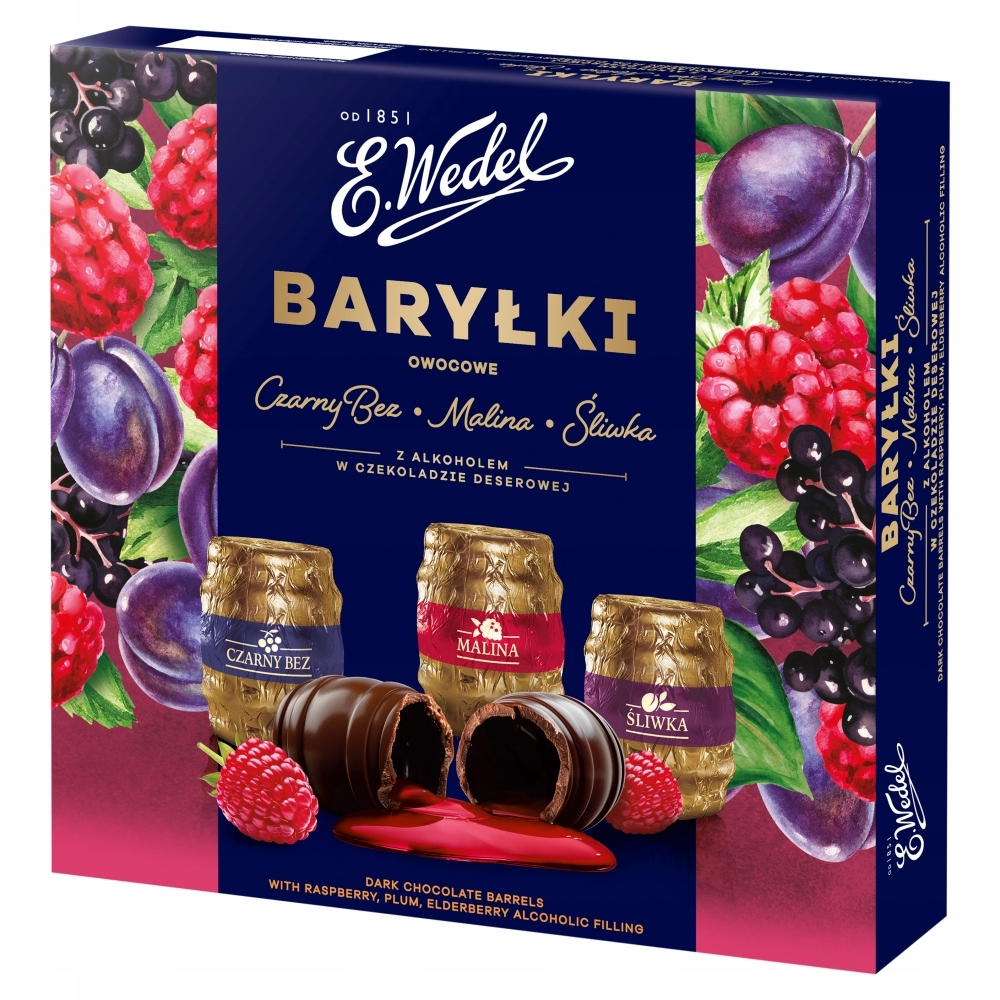 E.Wedel Baryłki Owocowe Malina Z Alkoholem W Czekoladzie Deserowej Mix 200g bombonierka