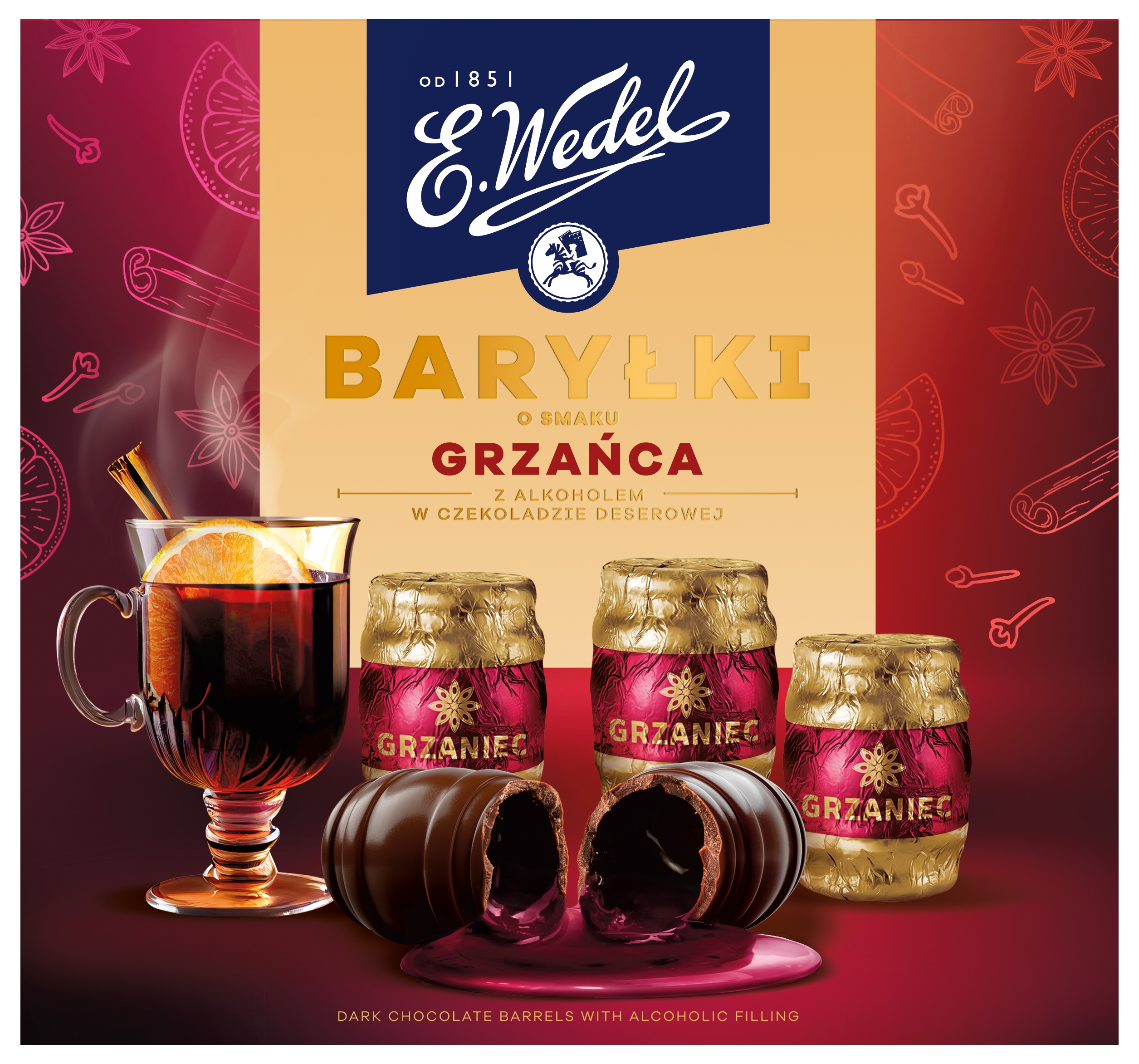 E.Wedel Baryłki Grzaniec z Alkoholem w Czekoladzie Deserowej Pralinki 200g