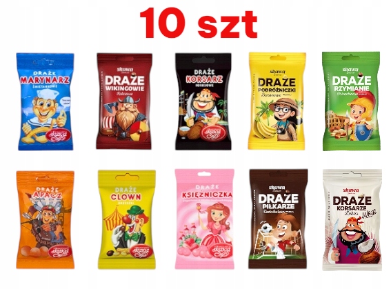 Skawa Draże Kokosowe Śmietankowe korsarz księżniczki BANANOWE 10x70g dzieci ZESTAW