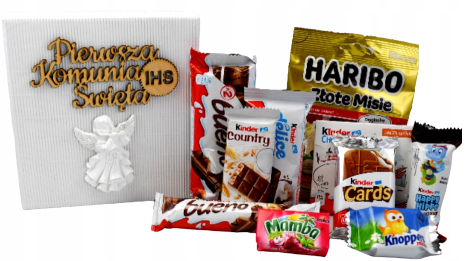 Zestaw Prezentowy Kinder pudełko aniołek Słodycze Komunia Święta pamiątka komunię